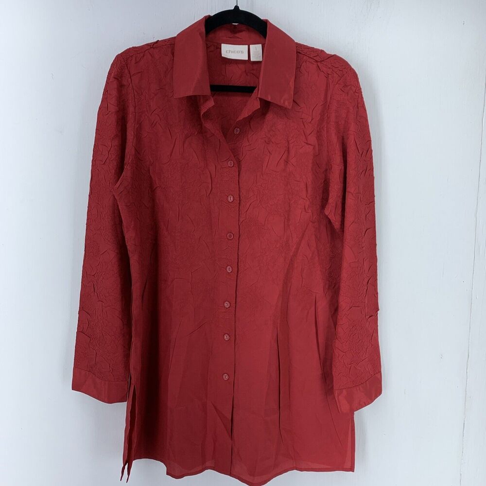 Chicos Womens 1 M Tunic Top Red Gauzey‎ Crinkle Lagenlook Feminine Holiday